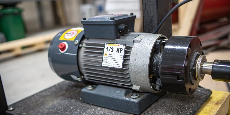Close-up of a belt grinder's electric motor showing the horsepower rating label