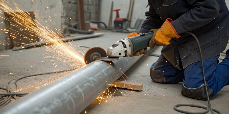 An angle grinder being used to cut a pipe in a tight corner where a larger saw would not fit.