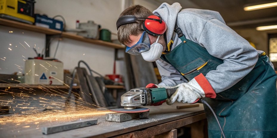 A person wearing full PPE (goggles, gloves, ear protection) while safely operating an angle grinder.