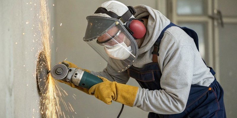 A person properly using an angle grinder with a face shield, gloves, and safety guard in place