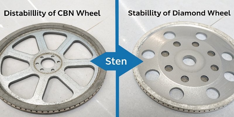 A diagram showing the chemical reaction between a diamond wheel and steel vs. the stability of a CBN wheel and steel
