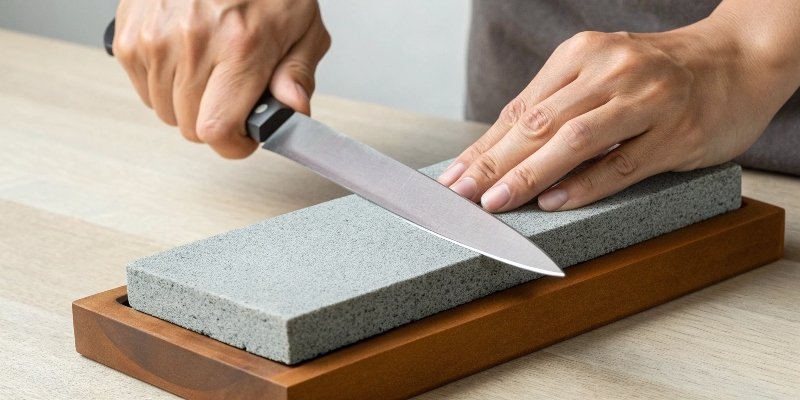 a person's hands holding a kitchen knife over a sharpening stone