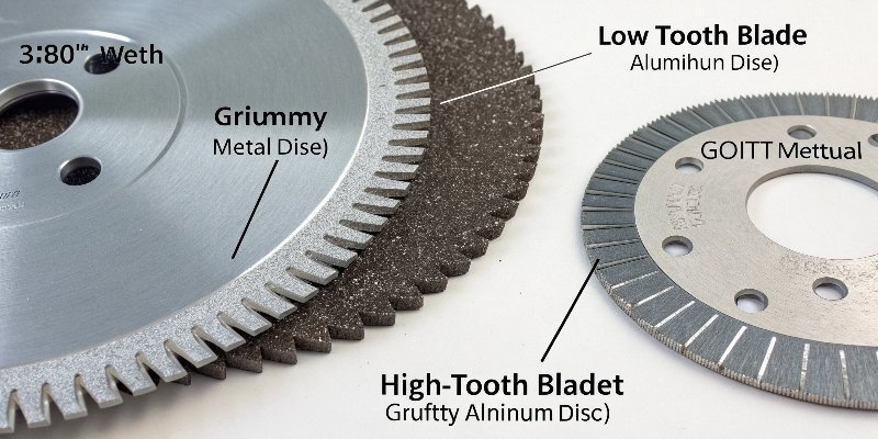 Close-up shot comparing a low-tooth metal blade, a high-tooth aluminum blade, and a gritty abrasive disc
