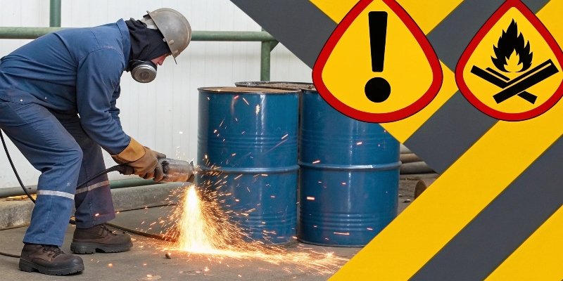 A safety poster showing "don't" symbols over a person using an angle grinder near flammable barrels and on an unstable ladder.