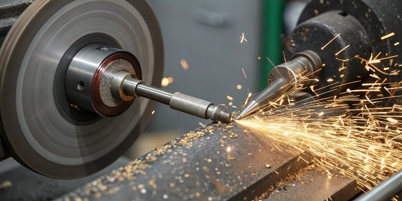 A close-up, microscopic view of abrasive grains on a grinding wheel shearing away metal particles.