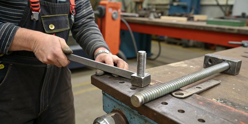 A person using a metal file to smooth the cut end of a bolt.