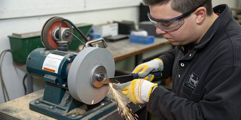 A person wearing safety glasses and gloves sharpening a blade on a bench grinder.