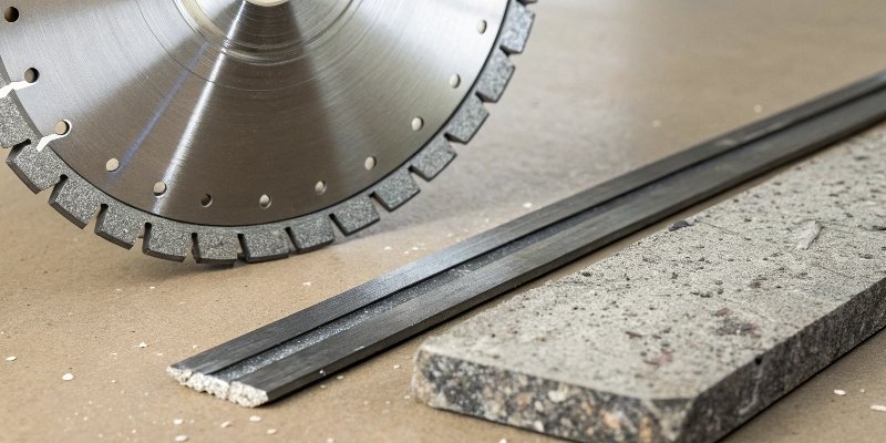 A specialized diamond blade for metal cutting next to a piece of hardened steel