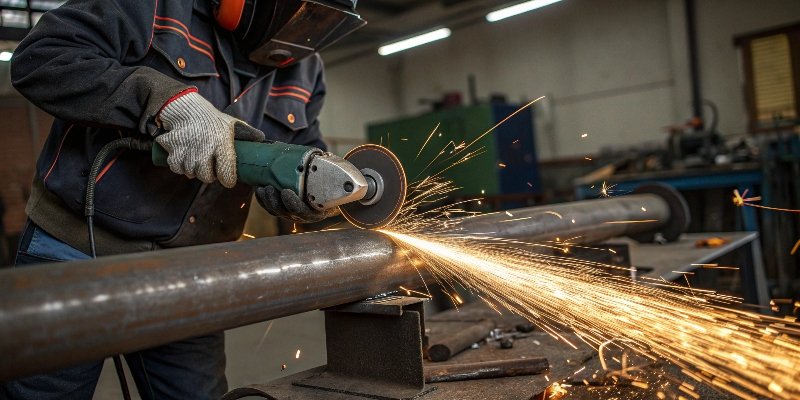 An angle grinder sending a shower of sparks as it cuts through a thick steel pipe.