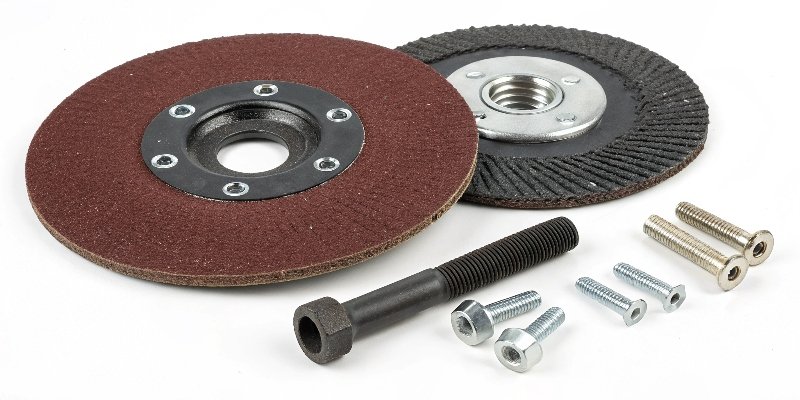 A sanding disc, a backing pad, and an angle grinder arbor shown separately.